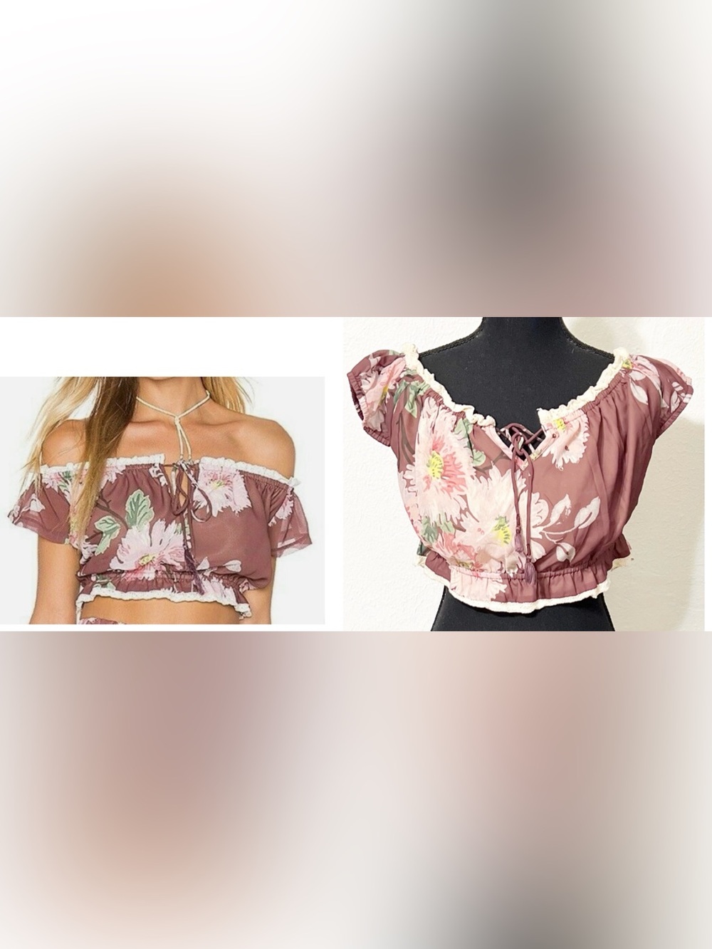 Winston White Anthropologie Melina Floral Off Shoulder Crop Top Ruffle Sleeves